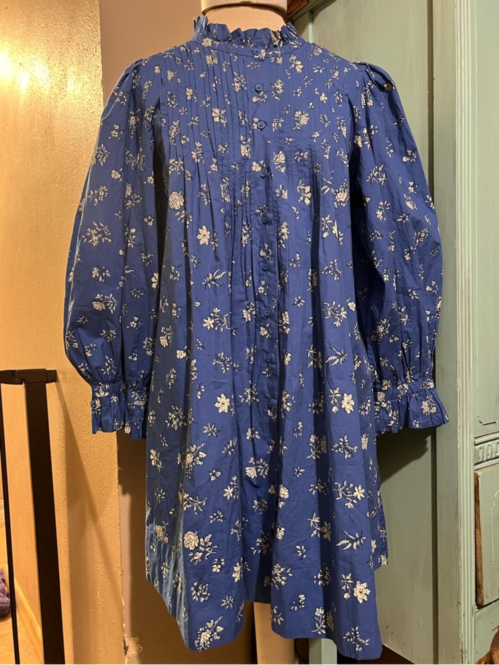 Doen Dulcie Mini Dress Blue Floral Boho Cottagecore Puff Sleeve Babydoll Small S